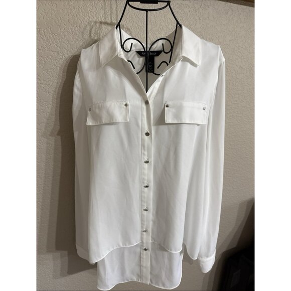 White House Black Market size 4 White Button Up Blouse Slit Back  Tunic Office - Picture 1 of 7